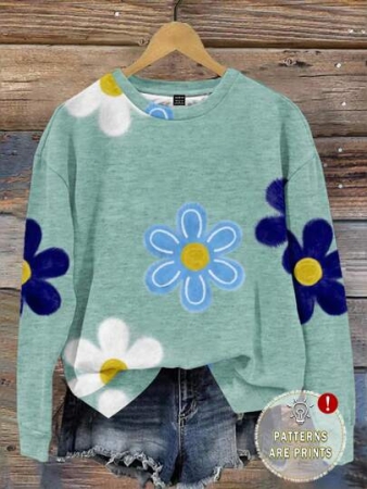 SHEIN LUNE Casual Cute Floral Pattern Round Neck Loose Fit Women Sweatshirt, Suitable For Autumn/Winter