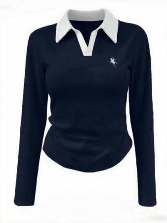 Rina Fox Ladies' Contrast Color Turndown Collar Long Sleeve Casual T-Shirt With Knight Print Fall Cloth For Women