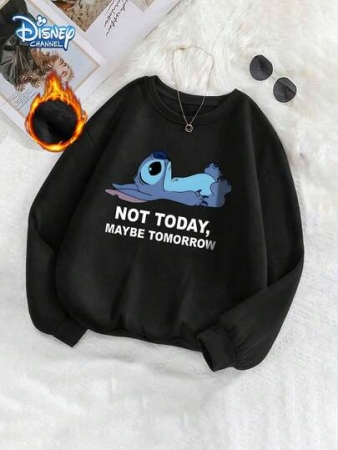 Disney EILL, Autumn And Winter Thermal Lined Joint "Fun Stitch" Cartoon Print Japanese Sweatshirt, Korean Comfortable Retro Fashion Commuting All-Match Y2k Clothing Women's Clothing, Regular Classic Small Round Neck, Black Long-Sleeved Women's Round Neck Sweatshirt