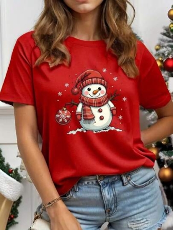 Women's Casual Christmas Print Round Neck Short Sleeve T-Shirt
