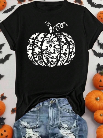 EMERY ROSE Halloween Plus Size Women's Casual Pumpkin Print Round Neck Short Sleeve T-Shirt, Summer - Image 31