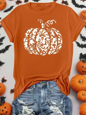 EMERY ROSE Halloween Plus Size Women's Casual Pumpkin Print Round Neck Short Sleeve T-Shirt, Summer - Image 43