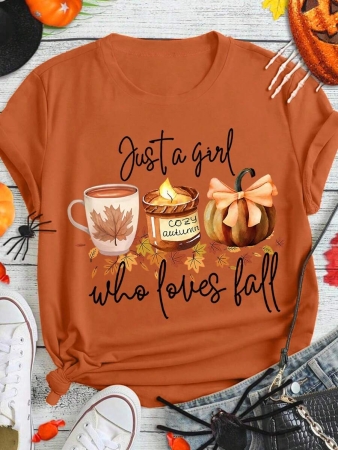 EMERY ROSE Halloween Plus Size Women's Casual Pumpkin Print Round Neck Short Sleeve T-Shirt, Summer - Image 47