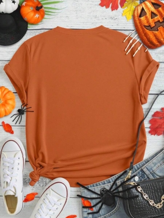 EMERY ROSE Halloween Plus Size Women's Casual Pumpkin Print Round Neck Short Sleeve T-Shirt, Summer - Image 48