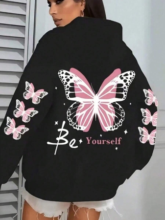 Women's Plus Size Butterfly Hoodie - Grey With Pink Trim, "Be Yourself" Print On The Back, Comfortable Hooded Pullover For Fall And Winter, Machine Washable Casual Clothing - Image 6
