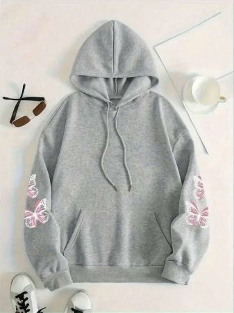 Women's Plus Size Butterfly Hoodie - Grey With Pink Trim, "Be Yourself" Print On The Back, Comfortable Hooded Pullover For Fall And Winter, Machine Washable Casual Clothing - Image 8