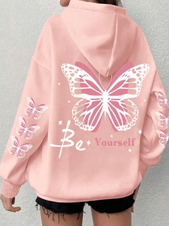 Women's Plus Size Butterfly Hoodie - Grey With Pink Trim, "Be Yourself" Print On The Back, Comfortable Hooded Pullover For Fall And Winter, Machine Washable Casual Clothing - Image 15
