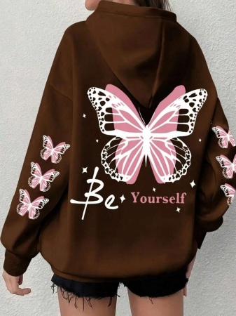 Women's Plus Size Butterfly Hoodie - Grey With Pink Trim, "Be Yourself" Print On The Back, Comfortable Hooded Pullover For Fall And Winter, Machine Washable Casual Clothing - Image 19