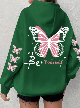 Women's Plus Size Butterfly Hoodie - Grey With Pink Trim, "Be Yourself" Print On The Back, Comfortable Hooded Pullover For Fall And Winter, Machine Washable Casual Clothing - Image 23