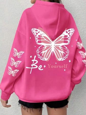 Women's Plus Size Butterfly Hoodie - Grey With Pink Trim, "Be Yourself" Print On The Back, Comfortable Hooded Pullover For Fall And Winter, Machine Washable Casual Clothing - Image 27
