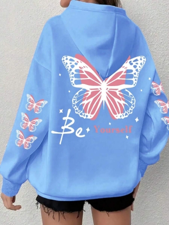 Women's Plus Size Butterfly Hoodie - Grey With Pink Trim, "Be Yourself" Print On The Back, Comfortable Hooded Pullover For Fall And Winter, Machine Washable Casual Clothing - Image 31