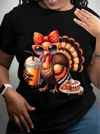 Women's Crew Neck T-Shirt White Thanksgiving Turkey With Sunglasses And Pumpkin Pie Print For Festive Season