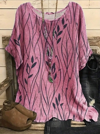 Fox Claw Plus Size Women's Leaf Print Shirt Round- Neck Comfortable Loose-Fit All-Over Print Top - Image 8