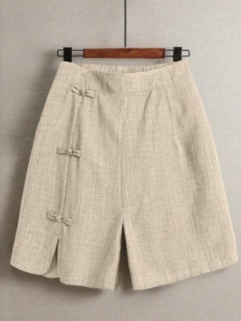 Linhara Plus Size Women's Casual, Commuting Daily Going Out Elastic Waist Round Slit Design Chinese Knot Decor Button Shorts