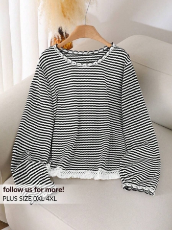 CosyJoli Plus Size Women Crew Neck Striped T-Shirt With Tassel Hem Design, Casual All-Match Versatile Tee,Fall Clothes For Women - Image 2