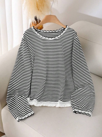 CosyJoli Plus Size Women Crew Neck Striped T-Shirt With Tassel Hem Design, Casual All-Match Versatile Tee,Fall Clothes For Women - Image 8