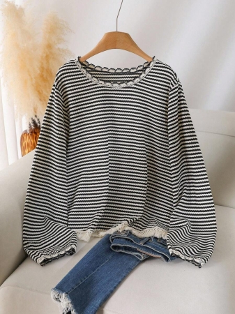 CosyJoli Plus Size Women Crew Neck Striped T-Shirt With Tassel Hem Design, Casual All-Match Versatile Tee,Fall Clothes For Women - Image 12
