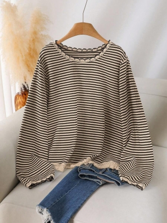 CosyJoli Plus Size Women Crew Neck Striped T-Shirt With Tassel Hem Design, Casual All-Match Versatile Tee,Fall Clothes For Women - Image 31