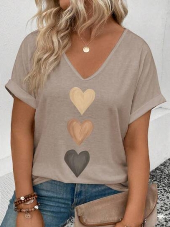 INAWLY Women's V-Neck Casual Versatile T-Shirt With Ombre Heart Print, Spring/Summer