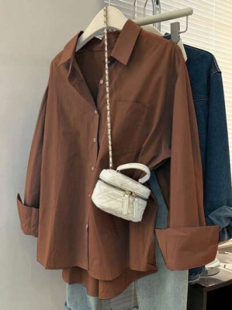 INAWLY Plus Size Women's Solid Color Long Sleeve Single-Breasted Pocket Casual Shirt