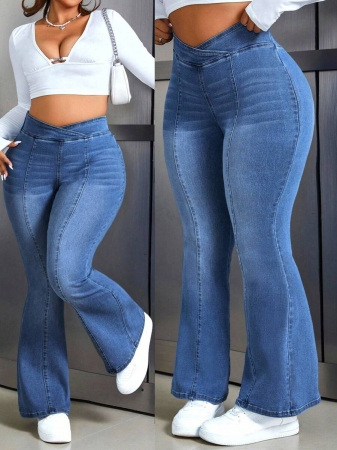 Flexra Plus Size Women's Fashionable Casual Washed Flare Jeans - Image 2