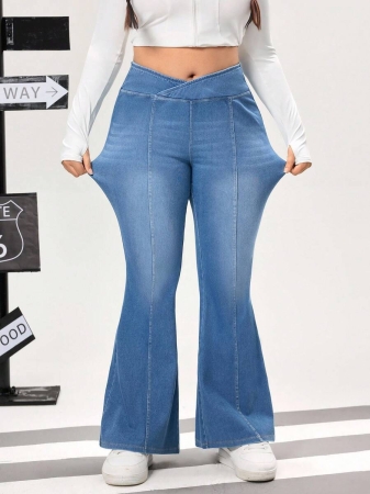 Flexra Plus Size Women's Fashionable Casual Washed Flare Jeans - Image 7