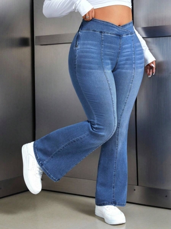 Flexra Plus Size Women's Fashionable Casual Washed Flare Jeans - Image 9