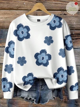 EMERY ROSE Floral Pattern Casual Loose Fit Crew Neck Plus Size Hoodie Sweatshirt For Women, Suitable For Back To School, Teacher's Day, Halloween, Christmas, Fall/Winter