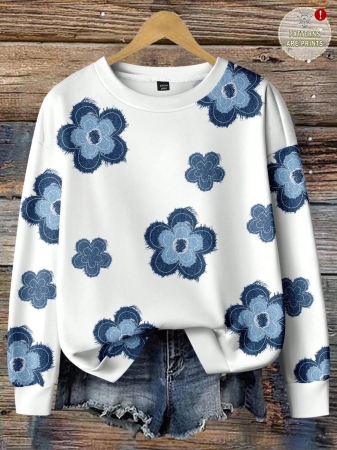 EMERY ROSE Floral Pattern Casual Loose Fit Crew Neck Plus Size Hoodie Sweatshirt For Women, Suitable For Back To School, Teacher's Day, Halloween, Christmas, Fall/Winter - Image 2