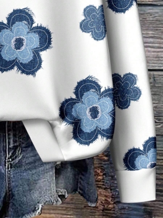 EMERY ROSE Floral Pattern Casual Loose Fit Crew Neck Plus Size Hoodie Sweatshirt For Women, Suitable For Back To School, Teacher's Day, Halloween, Christmas, Fall/Winter - Image 4