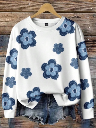 EMERY ROSE Floral Pattern Casual Loose Fit Crew Neck Plus Size Hoodie Sweatshirt For Women, Suitable For Back To School, Teacher's Day, Halloween, Christmas, Fall/Winter - Image 6