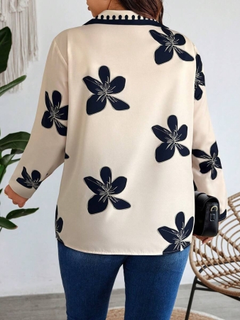 Nubod Plus Size Front Button Long Sleeve Plaid Casual Shirt, Random Print Fall Cloth For Women - Image 3