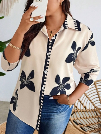 Nubod Plus Size Front Button Long Sleeve Plaid Casual Shirt, Random Print Fall Cloth For Women - Image 4