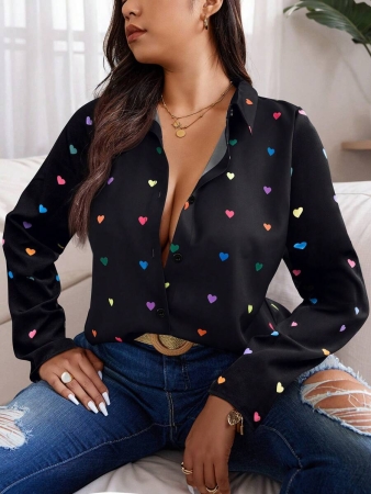 Nubod Plus Size Front Button Long Sleeve Plaid Casual Shirt, Random Print Fall Cloth For Women - Image 5