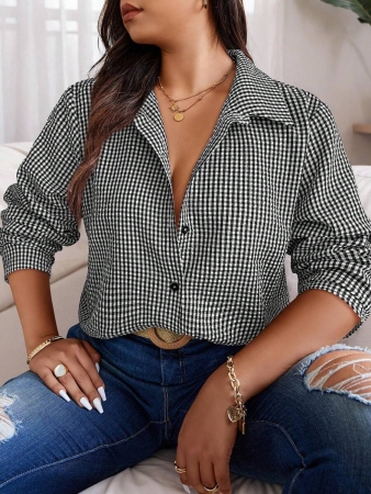 Nubod Plus Size Front Button Long Sleeve Plaid Casual Shirt, Random Print Fall Cloth For Women - Image 8