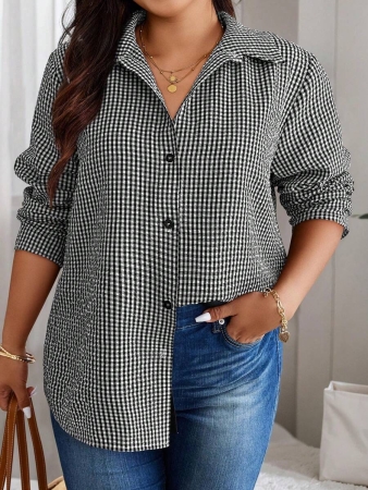 Nubod Plus Size Front Button Long Sleeve Plaid Casual Shirt, Random Print Fall Cloth For Women - Image 10