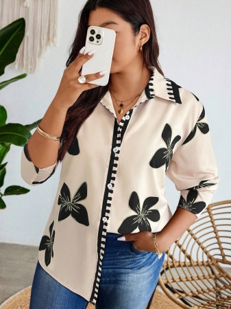 Nubod Plus Size Front Button Long Sleeve Plaid Casual Shirt, Random Print Fall Cloth For Women - Image 23