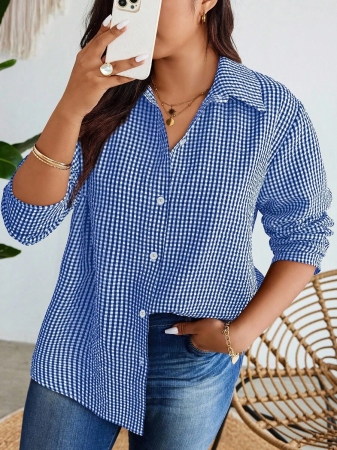 Nubod Plus Size Front Button Long Sleeve Plaid Casual Shirt, Random Print Fall Cloth For Women - Image 29