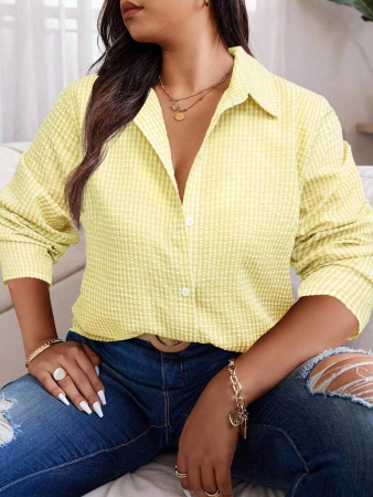 Nubod Plus Size Front Button Long Sleeve Plaid Casual Shirt, Random Print Fall Cloth For Women - Image 32