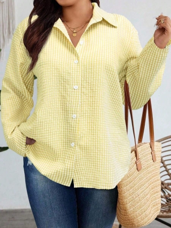 Nubod Plus Size Front Button Long Sleeve Plaid Casual Shirt, Random Print Fall Cloth For Women - Image 35