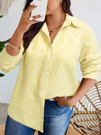 Nubod Plus Size Front Button Long Sleeve Plaid Casual Shirt, Random Print Fall Cloth For Women - Image 36