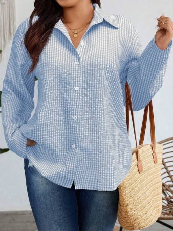 Nubod Plus Size Front Button Long Sleeve Plaid Casual Shirt, Random Print Fall Cloth For Women - Image 40
