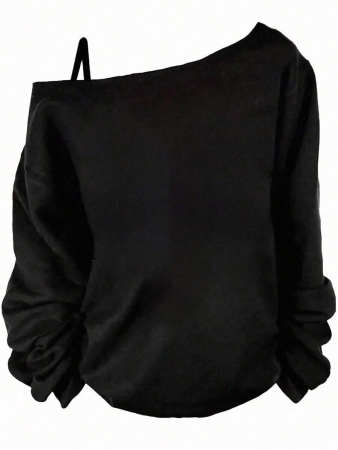 EMERY ROSE Plus Size Casual Stars And Moon Print Solid Color Asymmetric Collar Long Sleeve Sweatshirt Autumn And Winter,Fall Clothes For Women - Image 3