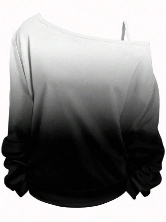 EMERY ROSE Plus Size Casual Stars And Moon Print Solid Color Asymmetric Collar Long Sleeve Sweatshirt Autumn And Winter,Fall Clothes For Women - Image 12