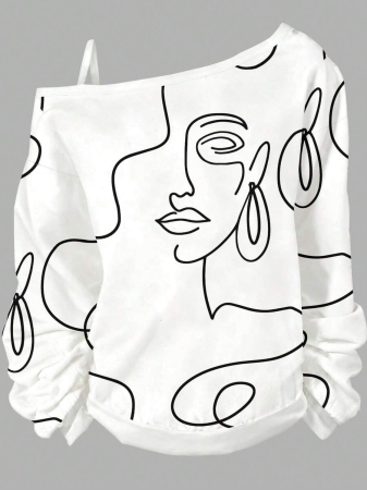 EMERY ROSE Plus Size Casual Stars And Moon Print Solid Color Asymmetric Collar Long Sleeve Sweatshirt Autumn And Winter,Fall Clothes For Women - Image 15