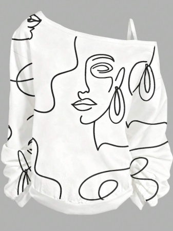 EMERY ROSE Plus Size Casual Stars And Moon Print Solid Color Asymmetric Collar Long Sleeve Sweatshirt Autumn And Winter,Fall Clothes For Women - Image 19