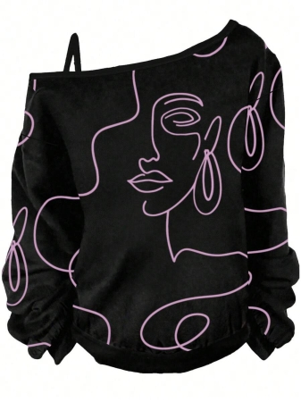 EMERY ROSE Plus Size Casual Stars And Moon Print Solid Color Asymmetric Collar Long Sleeve Sweatshirt Autumn And Winter,Fall Clothes For Women - Image 22