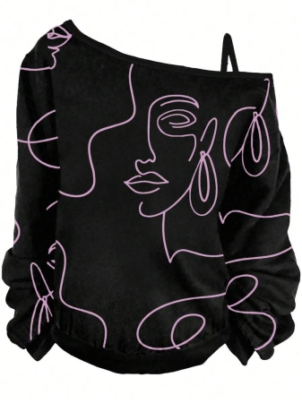 EMERY ROSE Plus Size Casual Stars And Moon Print Solid Color Asymmetric Collar Long Sleeve Sweatshirt Autumn And Winter,Fall Clothes For Women - Image 23