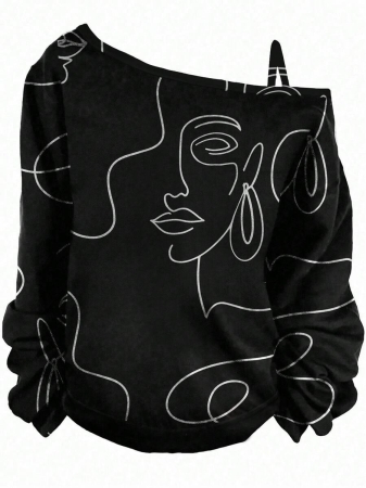 EMERY ROSE Plus Size Casual Stars And Moon Print Solid Color Asymmetric Collar Long Sleeve Sweatshirt Autumn And Winter,Fall Clothes For Women - Image 29