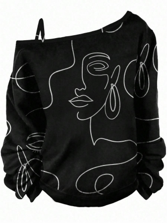 EMERY ROSE Plus Size Casual Stars And Moon Print Solid Color Asymmetric Collar Long Sleeve Sweatshirt Autumn And Winter,Fall Clothes For Women - Image 30